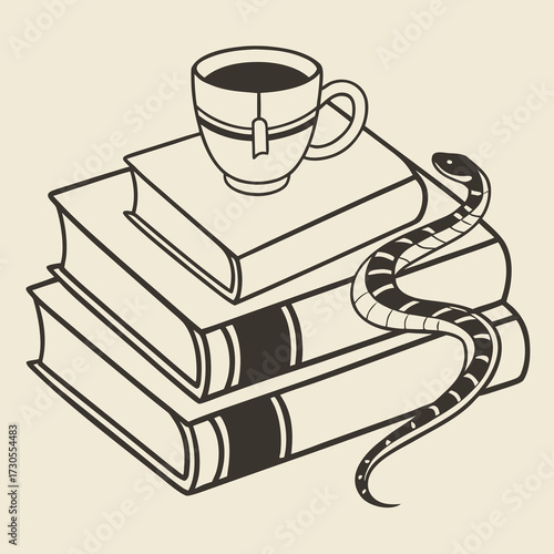 Books and tea cup with a snake a symbol of knowledge and wisdom.