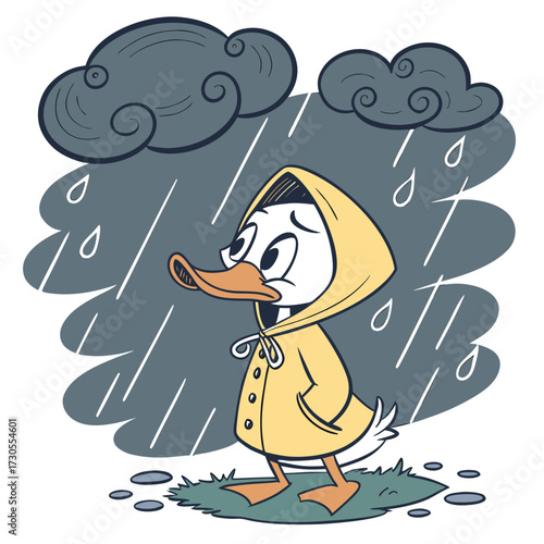 A cute cartoon duck wearing a yellow raincoat.