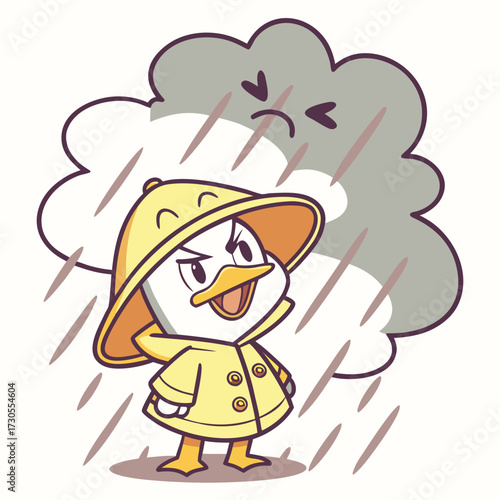 Cute duck wearing a yellow raincoat and hat during a storm.