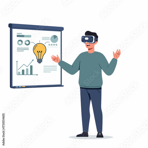 Flat Modern Virtual Reality Presentation Man with Lightbulb and Chart
