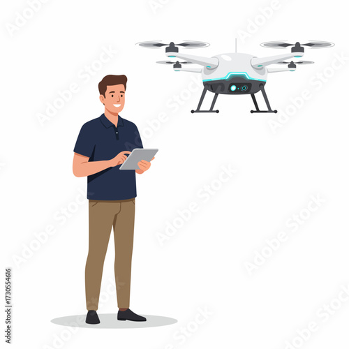 Flat Style Man Operating a Drone with a Tablet Illustration