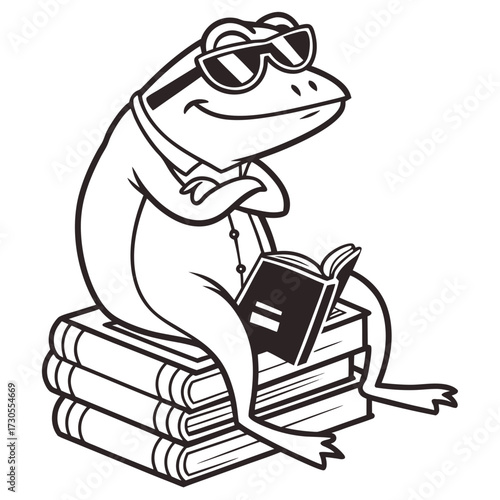 Frog with sunglasses reading a book sitting on a stack of books.