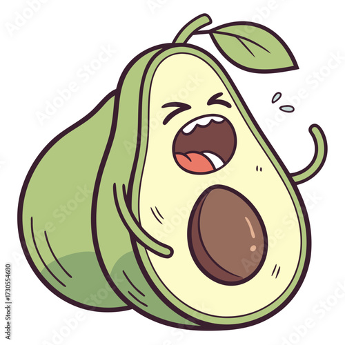 Crying avocado cartoon character with open mouth and tears.
