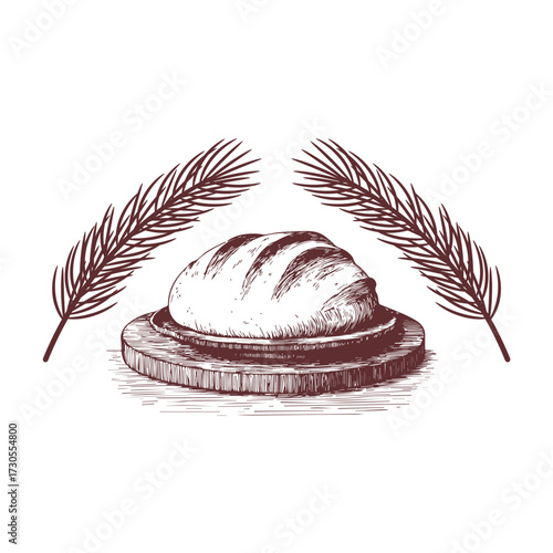 Vector design of bread on wooden plate with fir branches