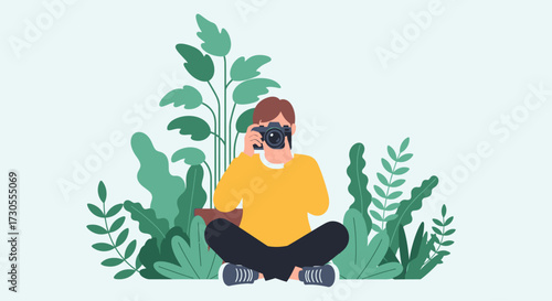 A person sitting cross-legged and taking pictures with a camera amidst lush green plants