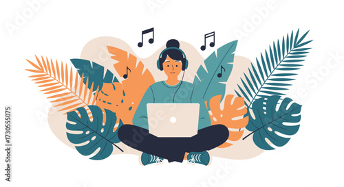 Woman Listening to Music on Laptop Surrounded by Tropical Plants
