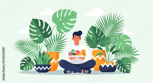 A man sits cross-legged holding a bowl of fruit amidst lush green plants and foliage
