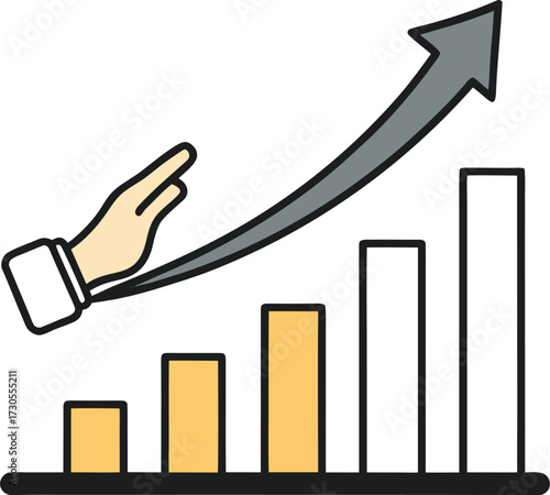 Hand pointing at rising bar graph with upward arrow vector