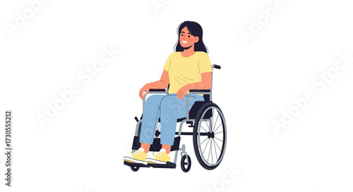 A woman with dark hair sits in a wheelchair, smiling and looking forward.