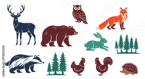 Illustration of diverse woodland creatures and flora in a simplified artistic style.
