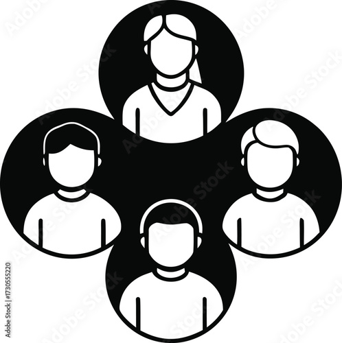 Four minimalist black and white icons of people in circles group vector illustration EPS file download.
