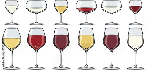 Colorful Wine Glass Vector Set – Red Wine, White Wine, Cocktail, and Party Drink Illustration
