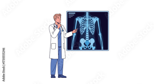 A doctor in a lab coat points to a chest x-ray, possibly diagnosing a patient.