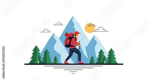 A lone hiker walks through a scenic mountain landscape.