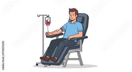 A man sits in a medical chair donating blood, with a blood bag hanging from a stand.