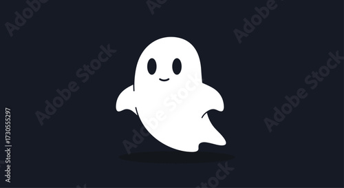 A cute cartoon ghost floats happily in the dark.