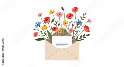 An open envelope filled with a bouquet of colorful wildflowers and greenery.