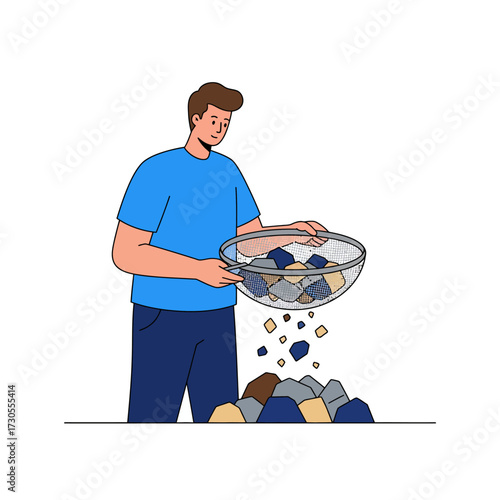 Person collecting and sorting stones in a bowl