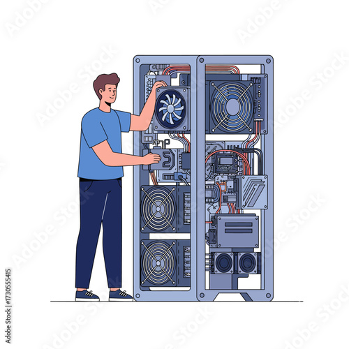 A technician is working on a large computer server, checking components and making adjustments.