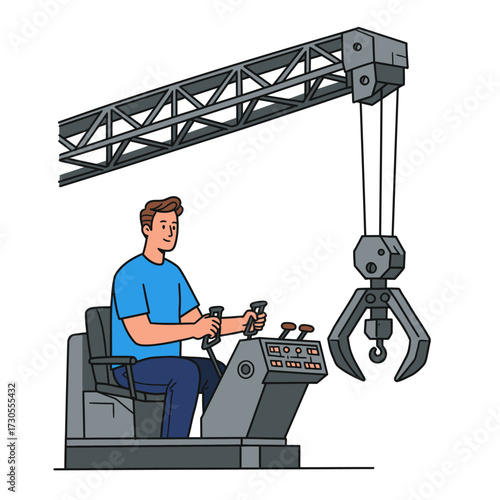 A man operates a crane with a claw, controlling levers and buttons on a console.