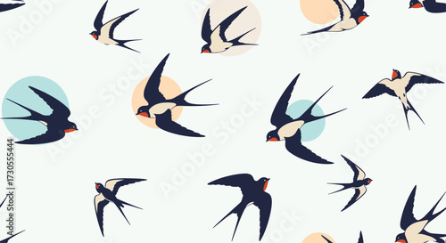 A swarm of swallows in flight with circular accents in pastel colors.