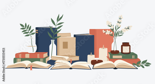 A cozy collection of open books and decorative elements.