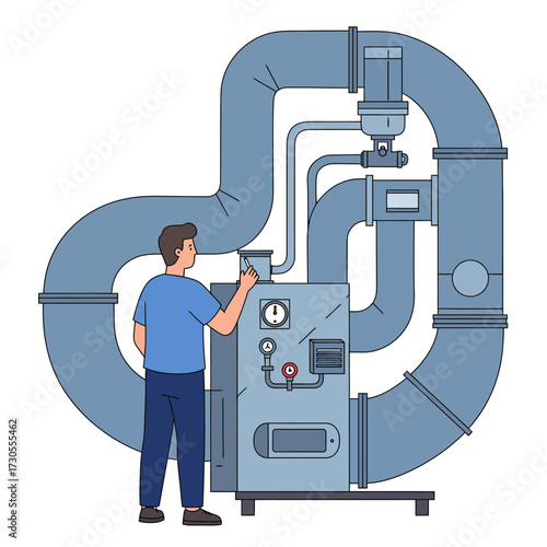 A man in a blue shirt is inspecting a large, complex industrial machine with pipes and gauges.