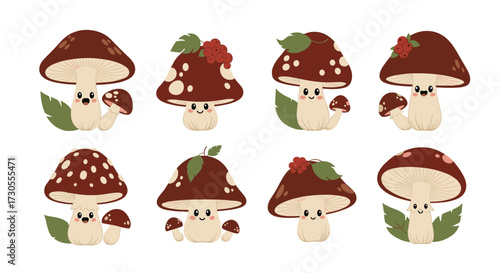 A collection of cute pixel art mushrooms with playful expressions.