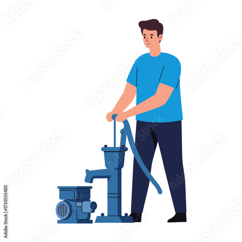 A man is operating a blue water pump, extracting water from a well.