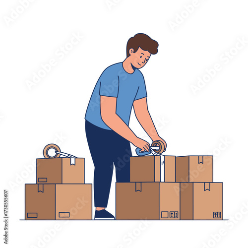 Man sealing cardboard boxes with tape, preparing for moving or shipping, surrounded by stacked packages.