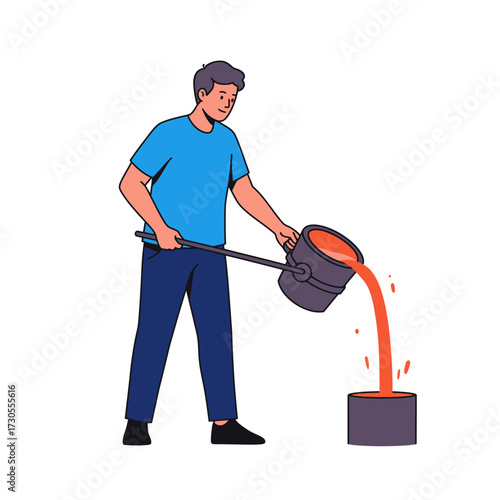 A man pouring molten metal from a large ladle into a mold, wearing a blue shirt.