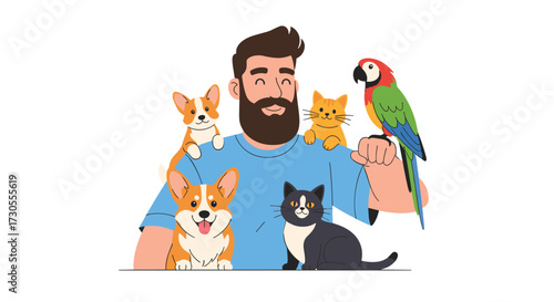 A friendly man with his adorable pets including dogs cats and parrot.