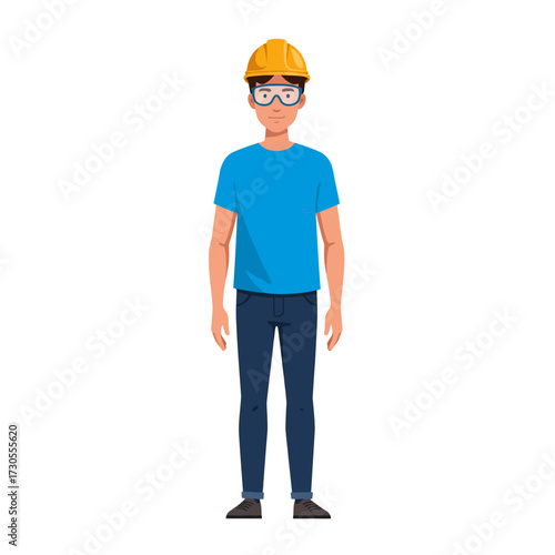 A standing worker, wearing safety glasses and a yellow hard hat, ready for construction.