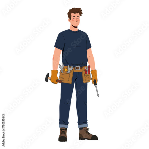 A male construction worker stands with tools in his belt, holding a hammer and screwdriver.