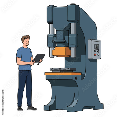 Man Operating Industrial Press Machine with Digital Tablet for Manufacturing Process