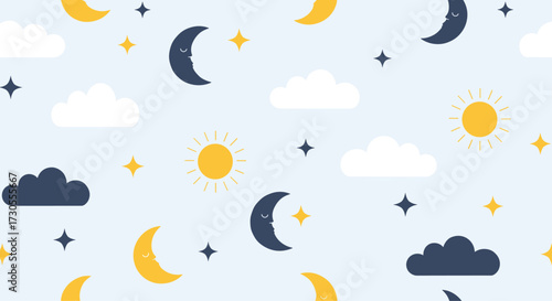 Whimsical celestial pattern with moons clouds and suns.