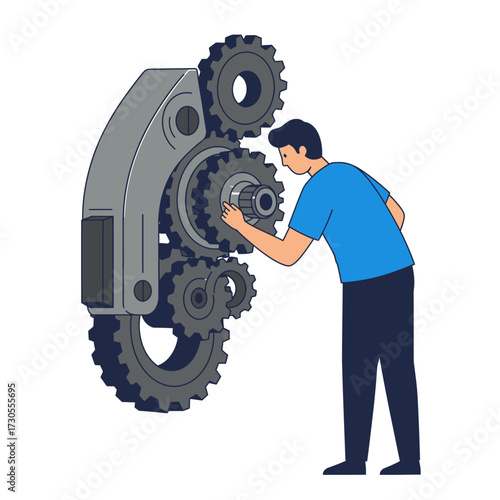 Man working on a complex gear mechanism, conceptual illustration of engineering and mechanics