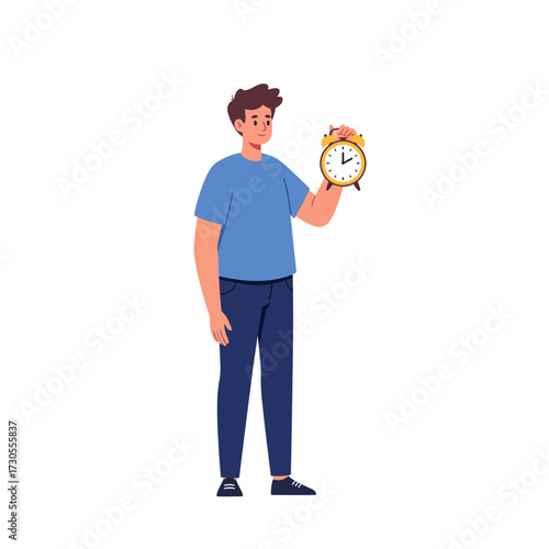 Man holding a golden alarm clock with both hands, wearing a blue shirt and dark pants.
