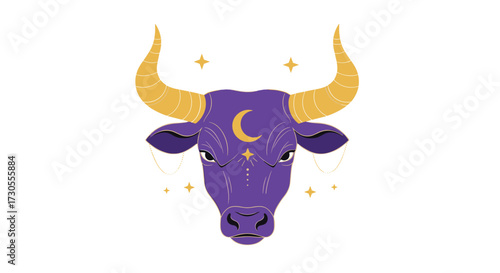 A mystical purple bull adorned with a crescent moon and stars represents the Taurus zodiac sign.