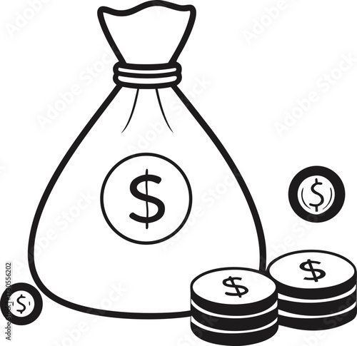 Black and white vector illustration of a money bag with dollar coins currency vector illustration EPS file download.

