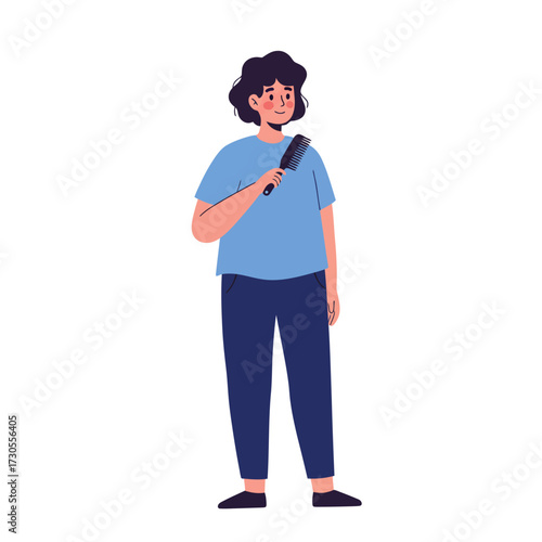 A woman with curly hair is holding a hairbrush, getting ready to brush her hair.