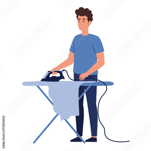 A man is ironing a light blue garment on a folding ironing board, isolated.