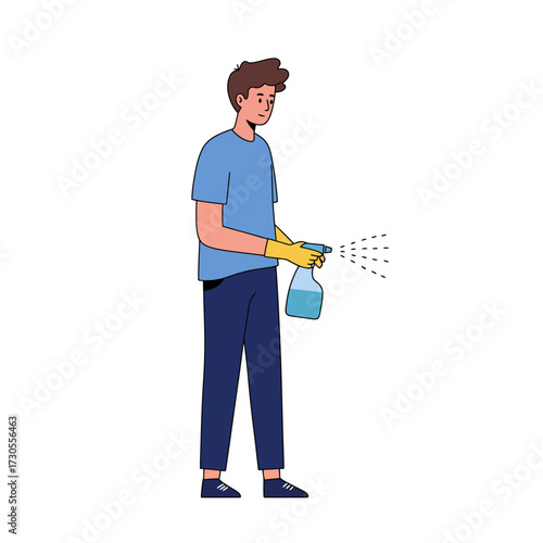 Man in blue shirt and yellow gloves sprays cleaning solution from a bottle with misting action