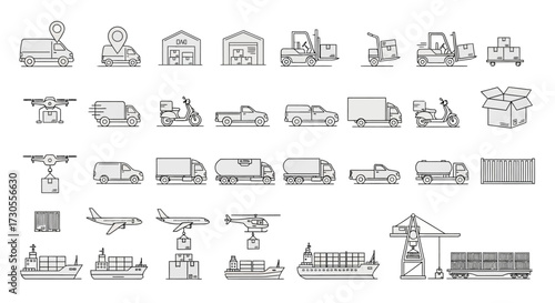 A collection of line art icons depicting various modes of transportation and logistics elements.