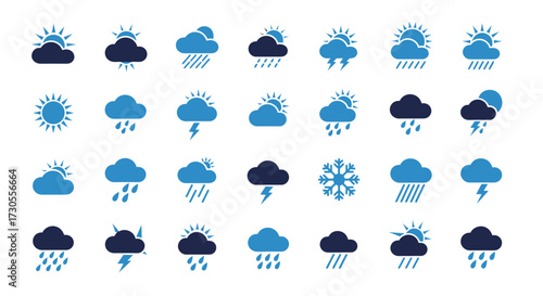 A collection of various weather icons depicting different weather conditions, sun, and clouds.