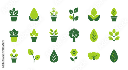 Collection of green plant icons in pots and leaf shapes, arranged on a white background.
