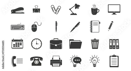 Collection of office supply icons, including a stapler, monitor, keyboard, and other stationery items.