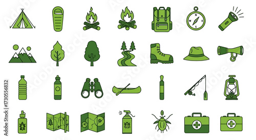 A collection of green camping and outdoor adventure icons, arranged in neat rows.