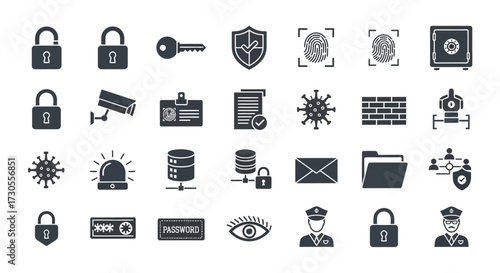 A collection of security-related icons including locks, keys, surveillance, fingerprint scans, and data protection symbols.