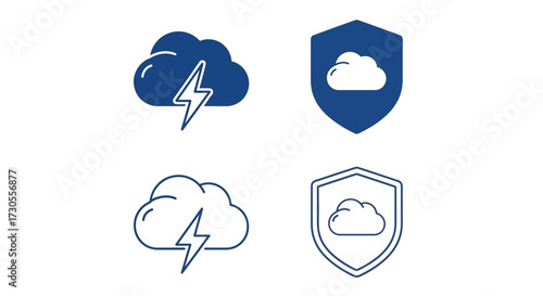 Four stylized illustrations of clouds, lightning, and protective shields, representing weather and security concepts.
